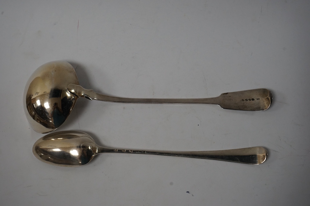 A George IV silver fiddle pattern soup ladle, by Charles Eley, London, 1827, 31.7cm, together with an 18th century silver Old English pattern basting spoon, maker possibly Richard Richardson III, Chester 1776? (indistinc